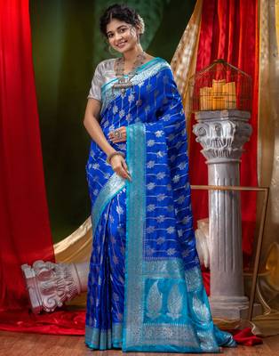 HOUSE OF BEGUMs Katan Silk Royal Blue With Silver Zari Work with Blouse Piece 4