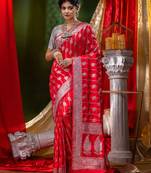 HOUSE OF BEGUMs Katan Silk RedWith Silver Zari Work with Blouse Piece