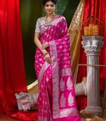 HOUSE OF BEGUMs Katan Silk Rani Pink With Silver Zari Work with Blouse Piece