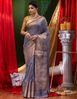 HOUSE OF BEGUMs Pure Linen Gray Saree with Blouse Piece 1