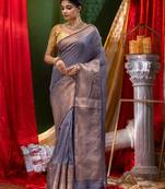 HOUSE OF BEGUMs Pure Linen Gray Saree with Blouse Piece