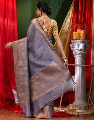 HOUSE OF BEGUMs Pure Linen Gray Saree with Blouse Piece 2