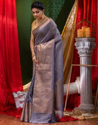 HOUSE OF BEGUMs Pure Linen Gray Saree with Blouse Piece 3