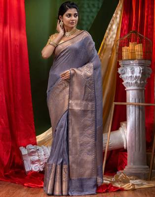 HOUSE OF BEGUMs Pure Linen Gray Saree with Blouse Piece 4