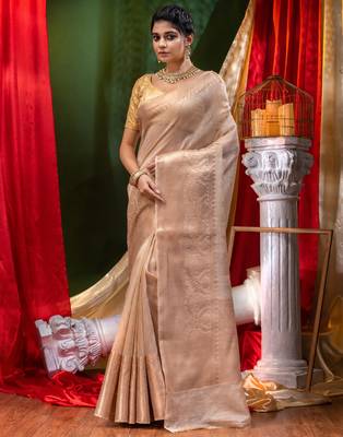 HOUSE OF BEGUMs Pure Linen Beige Saree with Blouse Piece 1