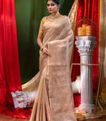HOUSE OF BEGUMs Pure Linen Beige Saree with Blouse Piece