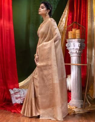 HOUSE OF BEGUMs Pure Linen Beige Saree with Blouse Piece 3