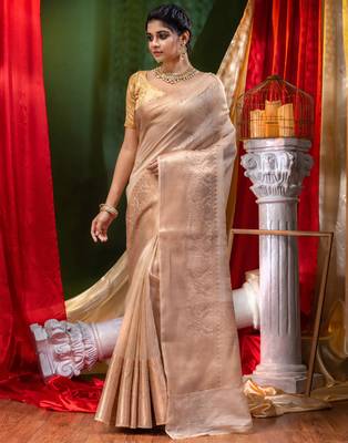 HOUSE OF BEGUMs Pure Linen Beige Saree with Blouse Piece 4
