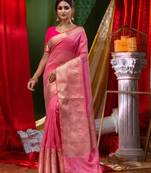 HOUSE OF BEGUMs Pure Linen Pink Saree with Blouse Piece
