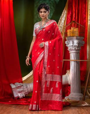 HOUSE OF BEGUMs Shiffon Khaddi Red Saree With Silver Zari with Blouse Piece 1