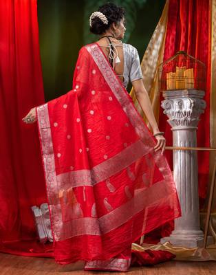 HOUSE OF BEGUMs Shiffon Khaddi Red Saree With Silver Zari with Blouse Piece 2