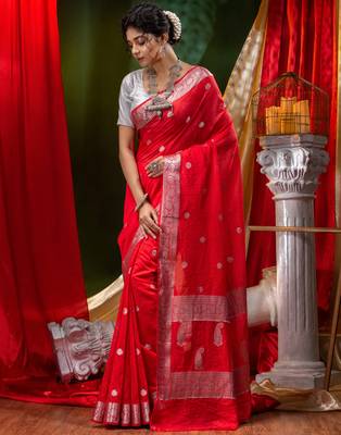 HOUSE OF BEGUMs Shiffon Khaddi Red Saree With Silver Zari with Blouse Piece 3