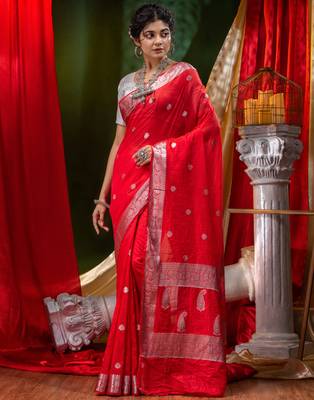 HOUSE OF BEGUMs Shiffon Khaddi Red Saree With Silver Zari with Blouse Piece 4