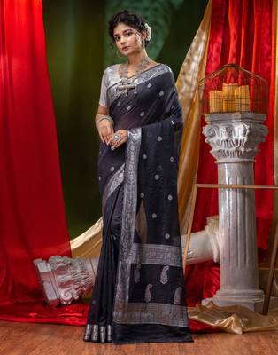 HOUSE OF BEGUMs Shiffon Khaddi Black Saree With Silver Zari with Blouse Piece 1