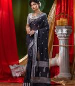 HOUSE OF BEGUMs Shiffon Khaddi Black Saree With Silver Zari with Blouse Piece