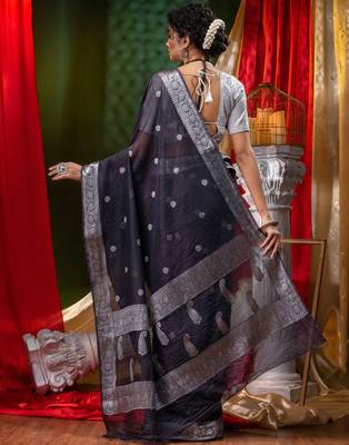 HOUSE OF BEGUMs Shiffon Khaddi Black Saree With Silver Zari with Blouse Piece 2