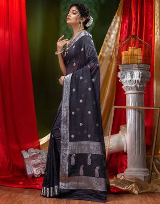 HOUSE OF BEGUMs Shiffon Khaddi Black Saree With Silver Zari with Blouse Piece 3