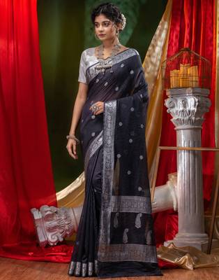 HOUSE OF BEGUMs Shiffon Khaddi Black Saree With Silver Zari with Blouse Piece 4
