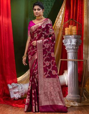 HOUSE OF BEGUMs Georgette Saree Wine With Meena Work with Blouse Piece 1