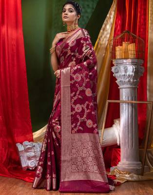 HOUSE OF BEGUMs Georgette Saree Wine With Meena Work with Blouse Piece 3