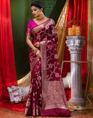 HOUSE OF BEGUMs Georgette Saree Wine With Meena Work with Blouse Piece 4