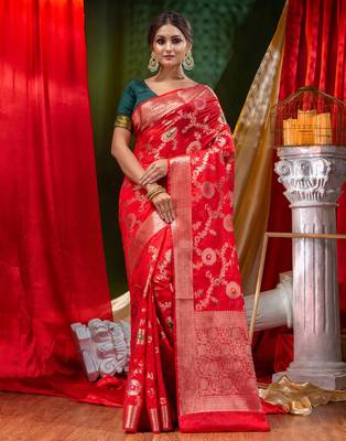 HOUSE OF BEGUMs Georgette Saree Red With Meena Work with Blouse Piece 1