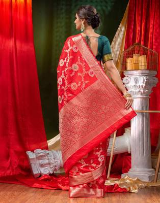 HOUSE OF BEGUMs Georgette Saree Red With Meena Work with Blouse Piece 2