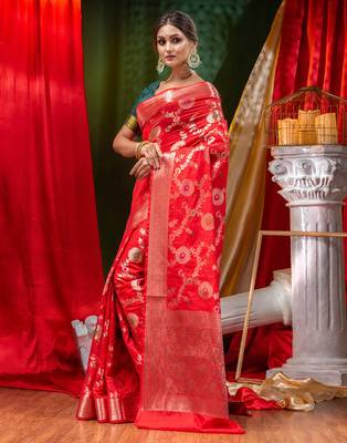 HOUSE OF BEGUMs Georgette Saree Red With Meena Work with Blouse Piece 3