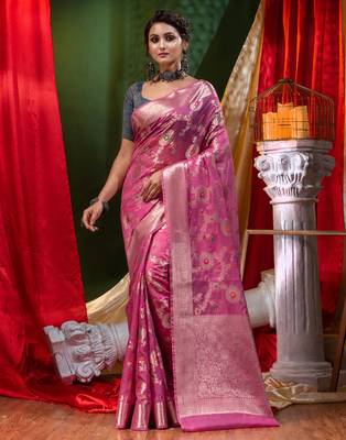 HOUSE OF BEGUMs Georgette Saree Megenta With Meena Work with Blouse Piece 1