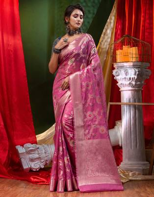 HOUSE OF BEGUMs Georgette Saree Megenta With Meena Work with Blouse Piece 4