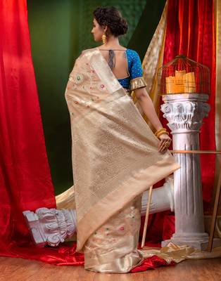 HOUSE OF BEGUMs Georgette Saree Beige With Meena Work with Blouse Piece 2