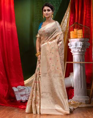 HOUSE OF BEGUMs Georgette Saree Beige With Meena Work with Blouse Piece 3