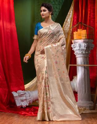 HOUSE OF BEGUMs Georgette Saree Beige With Meena Work with Blouse Piece 4