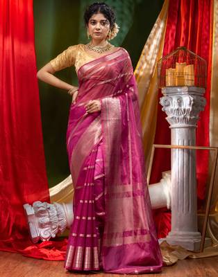 HOUSE OF BEGUMs Handloom Wine Organza Saree with Blouse Piece 1
