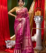 HOUSE OF BEGUMs Handloom Wine Organza Saree with Blouse Piece