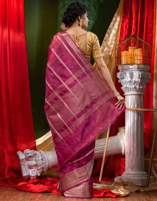HOUSE OF BEGUMs Handloom Wine Organza Saree with Blouse Piece 2