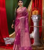 HOUSE OF BEGUMs Handloom Wine Organza Saree with Blouse Piece