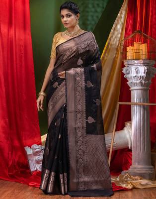 HOUSE OF BEGUMs Handloom Black Organza Saree with Blouse Piece 1
