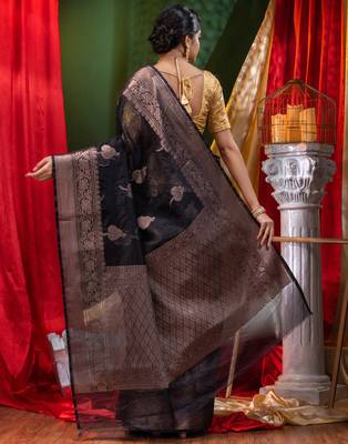 HOUSE OF BEGUMs Handloom Black Organza Saree with Blouse Piece 2