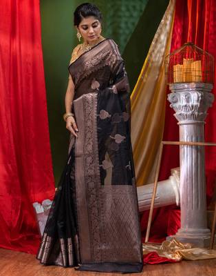 HOUSE OF BEGUMs Handloom Black Organza Saree with Blouse Piece 3