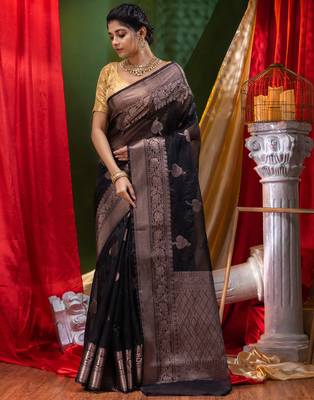HOUSE OF BEGUMs Handloom Black Organza Saree with Blouse Piece 4