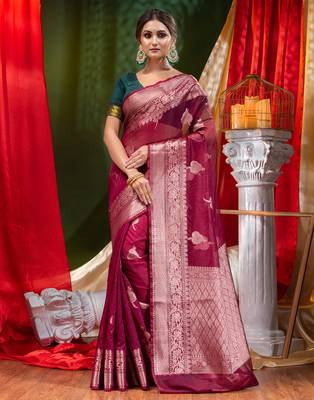 HOUSE OF BEGUMs Handloom Wine Organza Saree with Blouse Piece 1