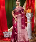 HOUSE OF BEGUMs Handloom Wine Organza Saree with Blouse Piece
