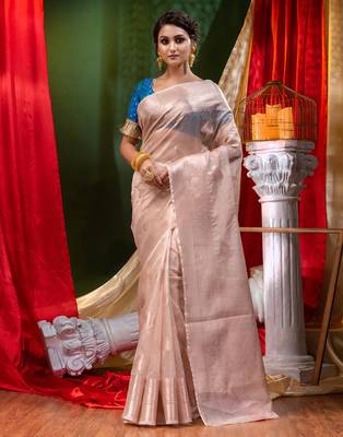 HOUSE OF BEGUMs Handloom Beige Organza Saree with Blouse Piece 1