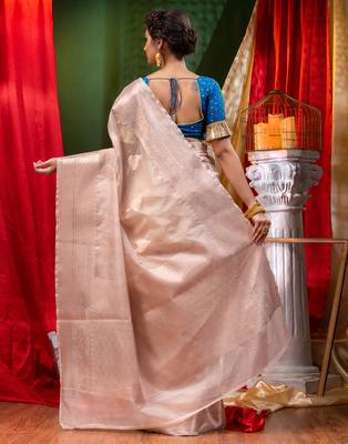 HOUSE OF BEGUMs Handloom Beige Organza Saree with Blouse Piece 2