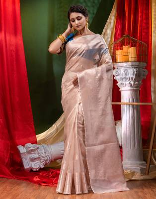 HOUSE OF BEGUMs Handloom Beige Organza Saree with Blouse Piece 3