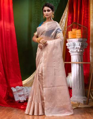 HOUSE OF BEGUMs Handloom Beige Organza Saree with Blouse Piece 4