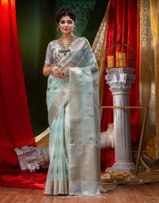 HOUSE OF BEGUMs Pure Organza Sea Green With Meena Work with Blouse Piece 1