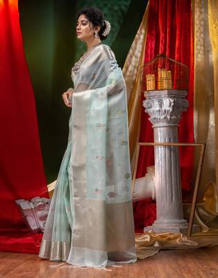 HOUSE OF BEGUMs Pure Organza Sea Green With Meena Work with Blouse Piece 3