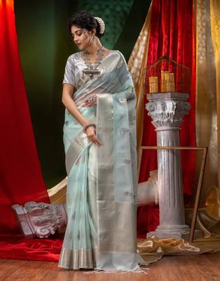 HOUSE OF BEGUMs Pure Organza Sea Green With Meena Work with Blouse Piece 4